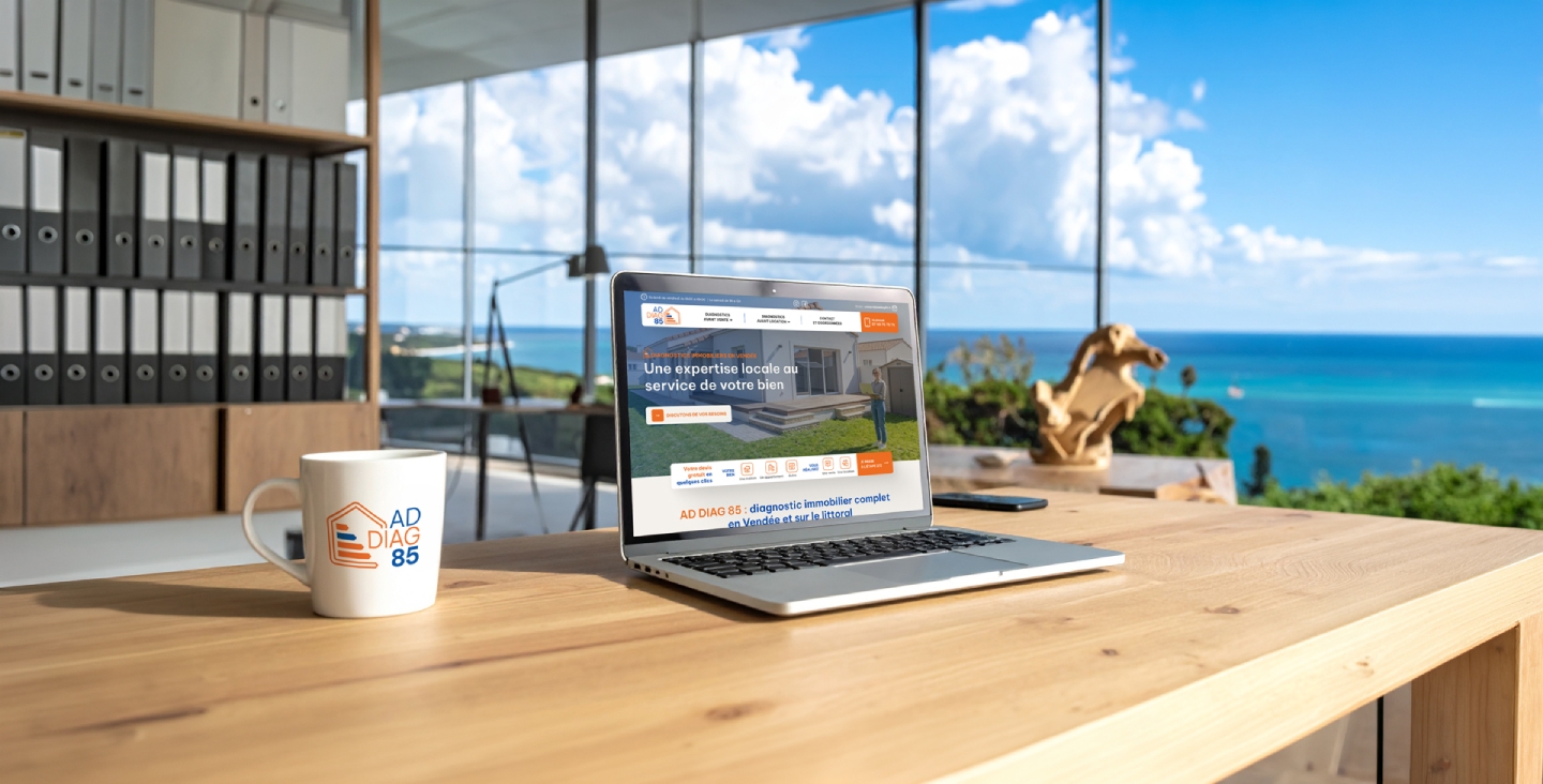 Bureau AD DIAG 85 avec ordinateur et vue sur le littoral vendéen